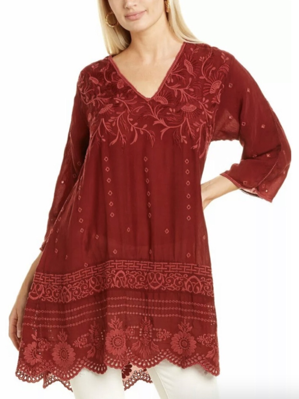 Johnny Was Mert Tunic Embroidered Dress Burgundy Women’s Size Large